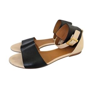 Chloe Colorblock Black & Cream Leather Flat Sandals Wide Ankle Strap